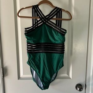 Green and Black Striped Swimsuit